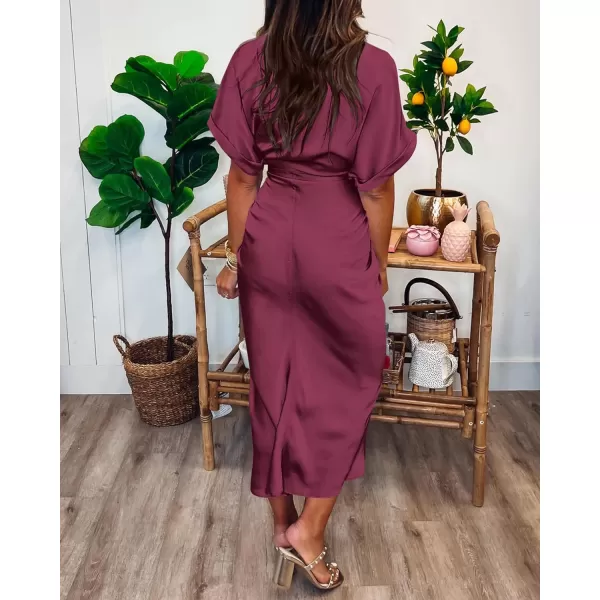 imageBTFBM Women 2023 Button Down Ruched Shirt Dresses Short Sleeve Lapel V Neck Elegant Party Spring Summer Maxi Satin DressShort Sleeve Purple Red