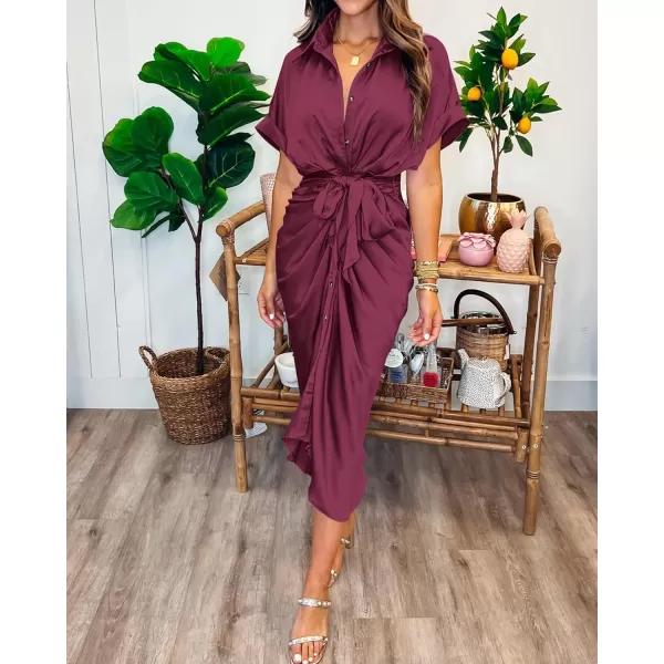 imageBTFBM Women 2023 Button Down Ruched Shirt Dresses Short Sleeve Lapel V Neck Elegant Party Spring Summer Maxi Satin DressShort Sleeve Purple Red