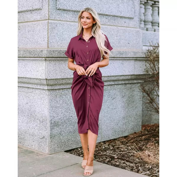 imageBTFBM Women 2023 Button Down Ruched Shirt Dresses Short Sleeve Lapel V Neck Elegant Party Spring Summer Maxi Satin DressShort Sleeve Purple Red