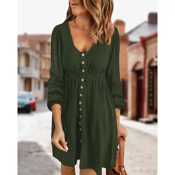 imageBTFBM Women 2023 Casual Button Down Summer Fall Dresses Long Sleeve Crew Neck Solid High Waist Short Tunic Mini DressLong Buttons Army Green