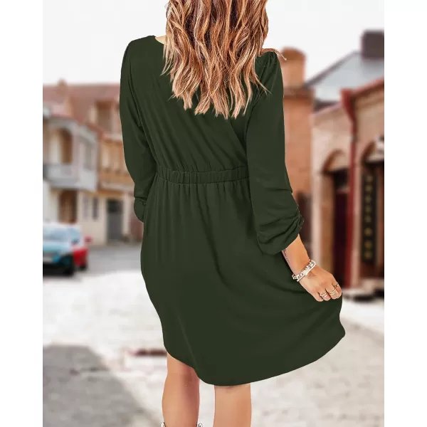 imageBTFBM Women 2023 Casual Button Down Summer Fall Dresses Long Sleeve Crew Neck Solid High Waist Short Tunic Mini DressLong Buttons Army Green