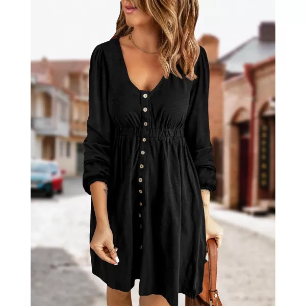 imageBTFBM Women 2023 Casual Button Down Summer Fall Dresses Long Sleeve Crew Neck Solid High Waist Short Tunic Mini DressLong Buttons Black