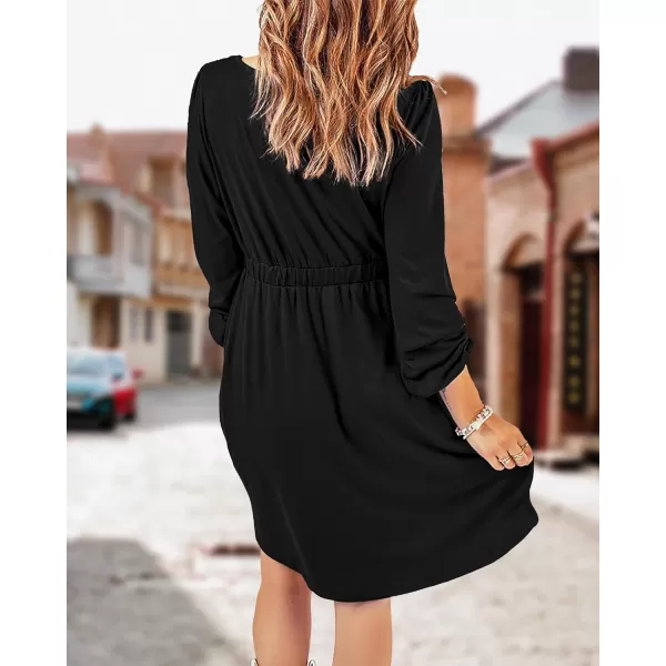 imageBTFBM Women 2023 Casual Button Down Summer Fall Dresses Long Sleeve Crew Neck Solid High Waist Short Tunic Mini DressLong Buttons Black