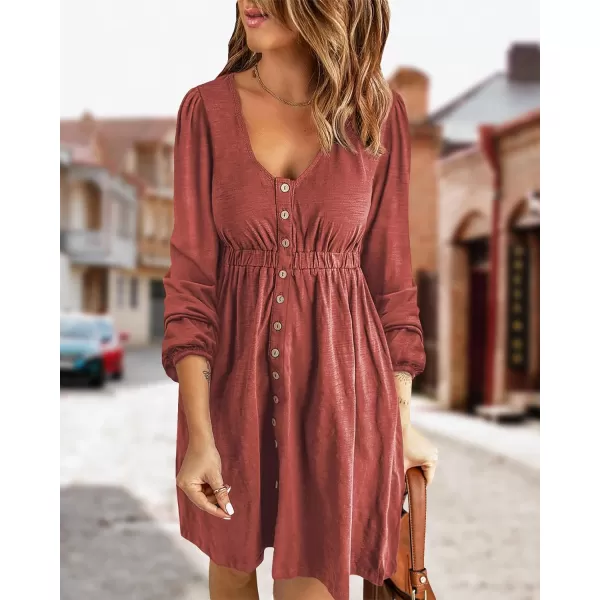 imageBTFBM Women 2023 Casual Button Down Summer Fall Dresses Long Sleeve Crew Neck Solid High Waist Short Tunic Mini DressLong Buttons Brick Red