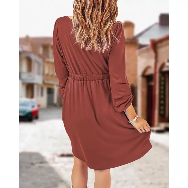 imageBTFBM Women 2023 Casual Button Down Summer Fall Dresses Long Sleeve Crew Neck Solid High Waist Short Tunic Mini DressLong Buttons Brick Red