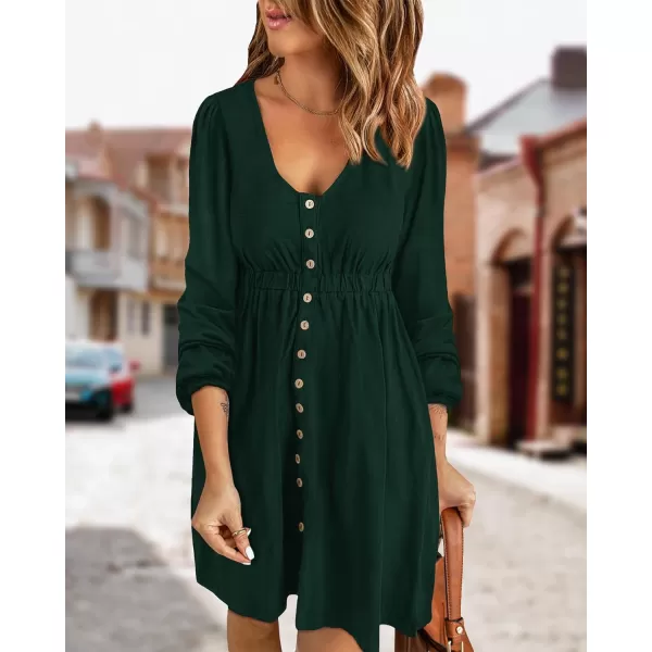 imageBTFBM Women 2023 Casual Button Down Summer Fall Dresses Long Sleeve Crew Neck Solid High Waist Short Tunic Mini DressLong Buttons Dark Green