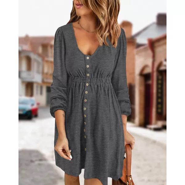 imageBTFBM Women 2023 Casual Button Down Summer Fall Dresses Long Sleeve Crew Neck Solid High Waist Short Tunic Mini DressLong Buttons Dark Grey
