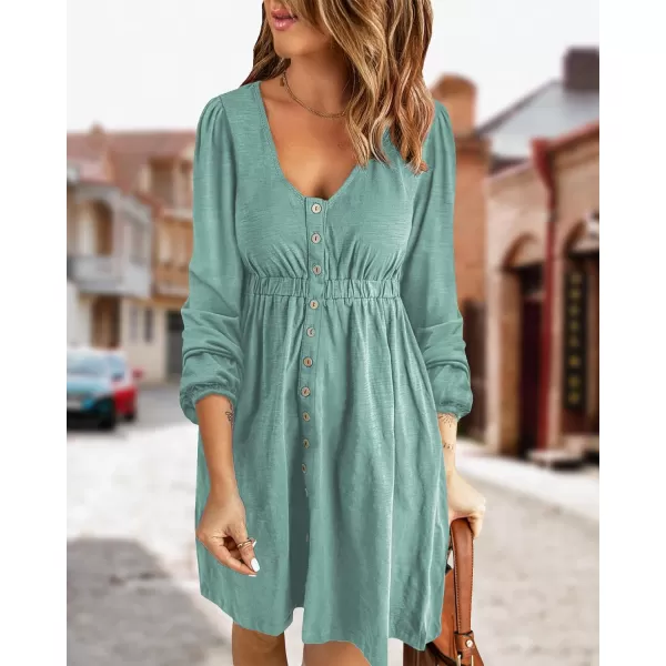 imageBTFBM Women 2023 Casual Button Down Summer Fall Dresses Long Sleeve Crew Neck Solid High Waist Short Tunic Mini DressLong Buttons Fruit Green