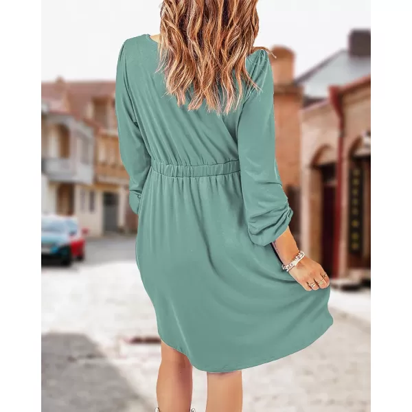 imageBTFBM Women 2023 Casual Button Down Summer Fall Dresses Long Sleeve Crew Neck Solid High Waist Short Tunic Mini DressLong Buttons Fruit Green