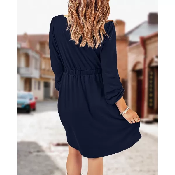 imageBTFBM Women 2023 Casual Button Down Summer Fall Dresses Long Sleeve Crew Neck Solid High Waist Short Tunic Mini DressLong Buttons Navy