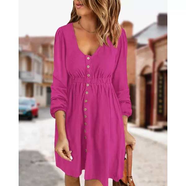 imageBTFBM Women 2023 Casual Button Down Summer Fall Dresses Long Sleeve Crew Neck Solid High Waist Short Tunic Mini DressLong Buttons Rose Red