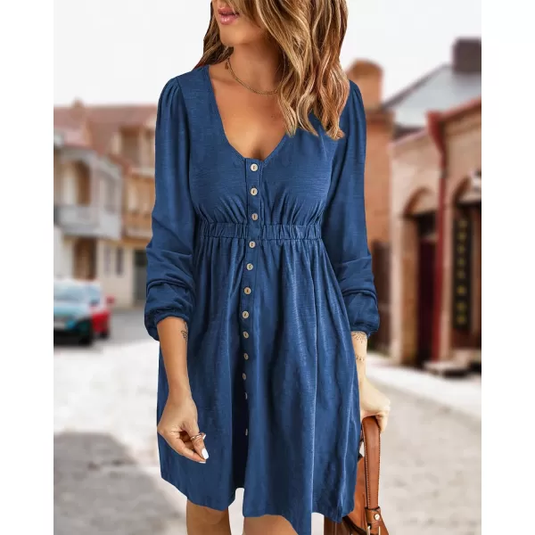 imageBTFBM Women 2023 Casual Button Down Summer Fall Dresses Long Sleeve Crew Neck Solid High Waist Short Tunic Mini DressLong Buttons Royal Blue