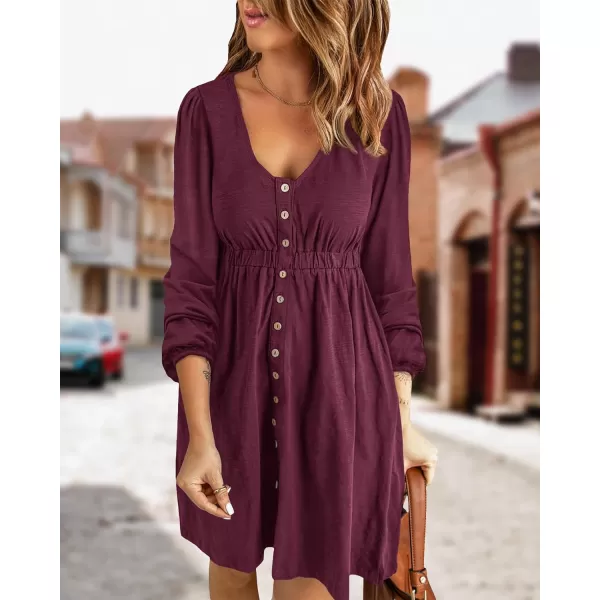 imageBTFBM Women 2023 Casual Button Down Summer Fall Dresses Long Sleeve Crew Neck Solid High Waist Short Tunic Mini DressLong Buttons Wine Red