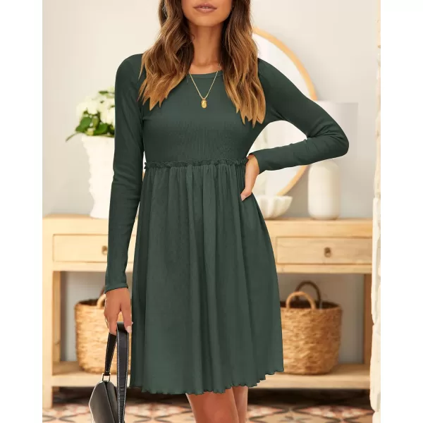 imageBTFBM Women 2023 Casual Button Down Summer Fall Dresses Long Sleeve Crew Neck Solid High Waist Short Tunic Mini DressLong Sleeve Army Green