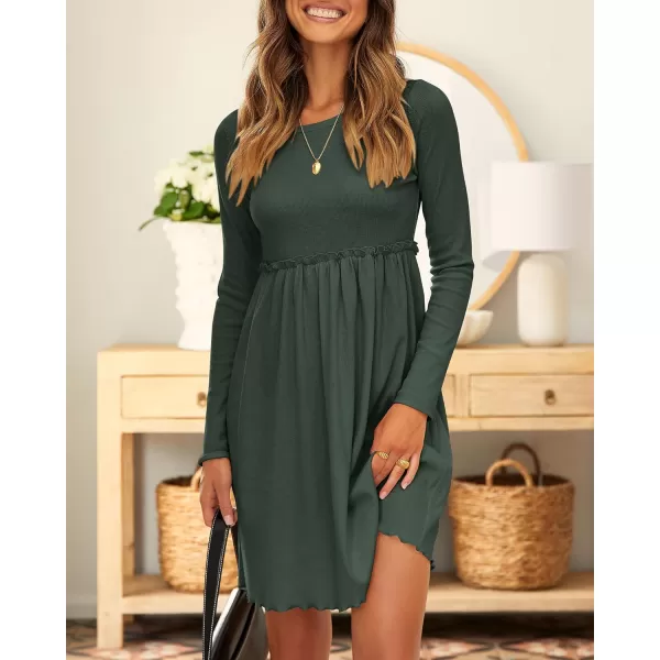 imageBTFBM Women 2023 Casual Button Down Summer Fall Dresses Long Sleeve Crew Neck Solid High Waist Short Tunic Mini DressLong Sleeve Army Green