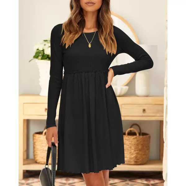 imageBTFBM Women 2023 Casual Button Down Summer Fall Dresses Long Sleeve Crew Neck Solid High Waist Short Tunic Mini DressLong Sleeve Black