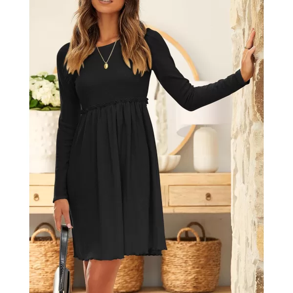 imageBTFBM Women 2023 Casual Button Down Summer Fall Dresses Long Sleeve Crew Neck Solid High Waist Short Tunic Mini DressLong Sleeve Black
