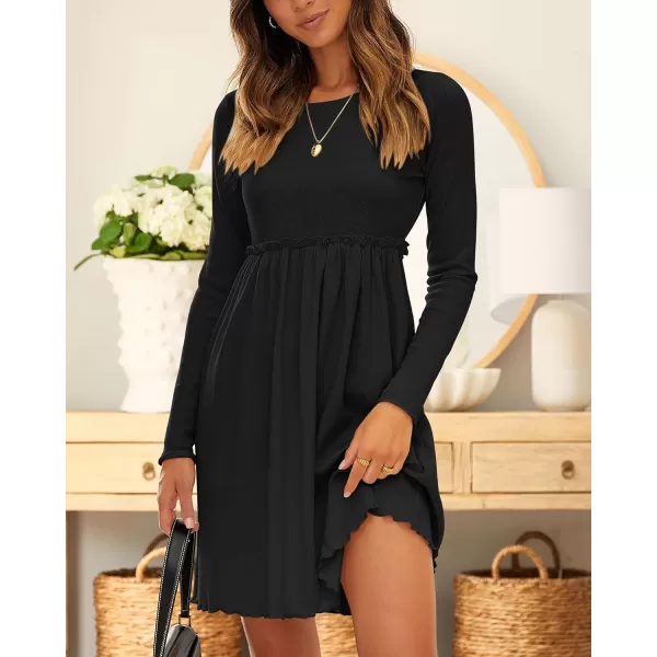 imageBTFBM Women 2023 Casual Button Down Summer Fall Dresses Long Sleeve Crew Neck Solid High Waist Short Tunic Mini DressLong Sleeve Black