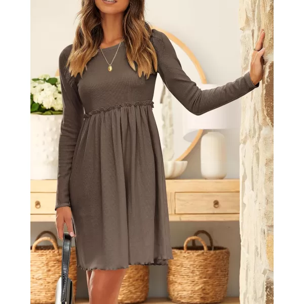 imageBTFBM Women 2023 Casual Button Down Summer Fall Dresses Long Sleeve Crew Neck Solid High Waist Short Tunic Mini DressLong Sleeve Coffee