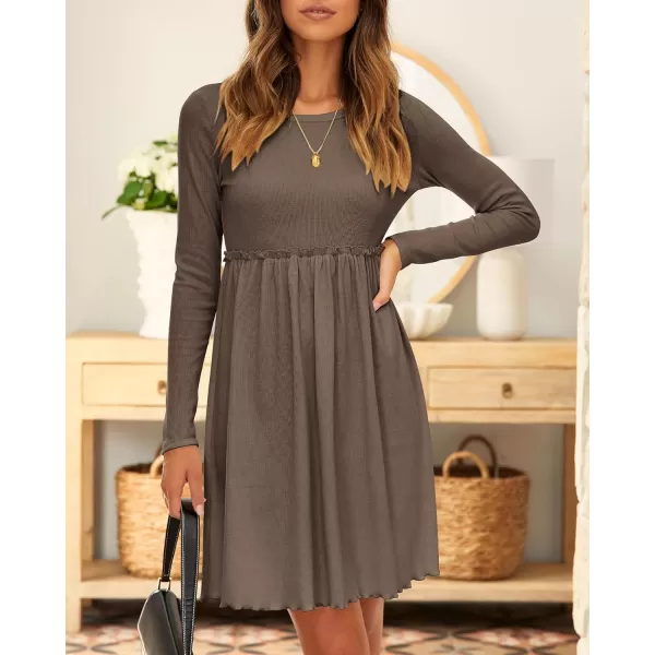 imageBTFBM Women 2023 Casual Button Down Summer Fall Dresses Long Sleeve Crew Neck Solid High Waist Short Tunic Mini DressLong Sleeve Coffee