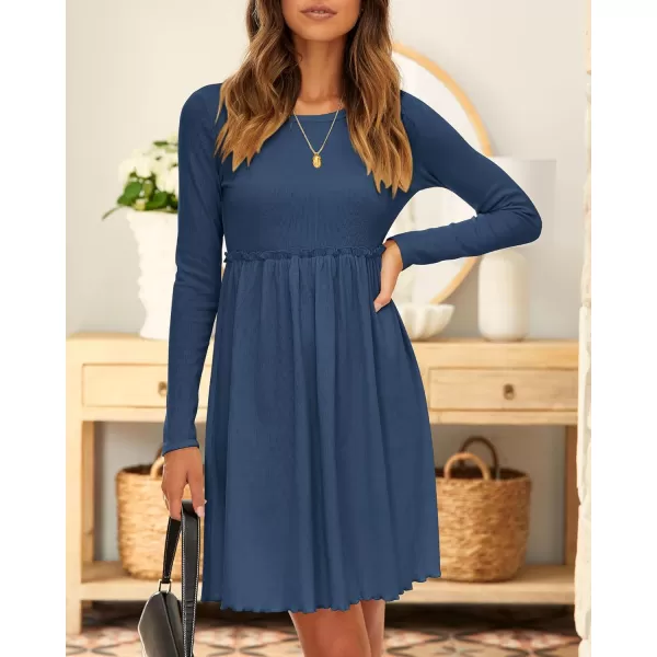 imageBTFBM Women 2023 Casual Button Down Summer Fall Dresses Long Sleeve Crew Neck Solid High Waist Short Tunic Mini DressLong Sleeve Dark Blue