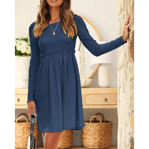 imageBTFBM Women 2023 Casual Button Down Summer Fall Dresses Long Sleeve Crew Neck Solid High Waist Short Tunic Mini DressLong Sleeve Dark Blue