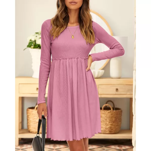 imageBTFBM Women 2023 Casual Button Down Summer Fall Dresses Long Sleeve Crew Neck Solid High Waist Short Tunic Mini DressLong Sleeve Pink