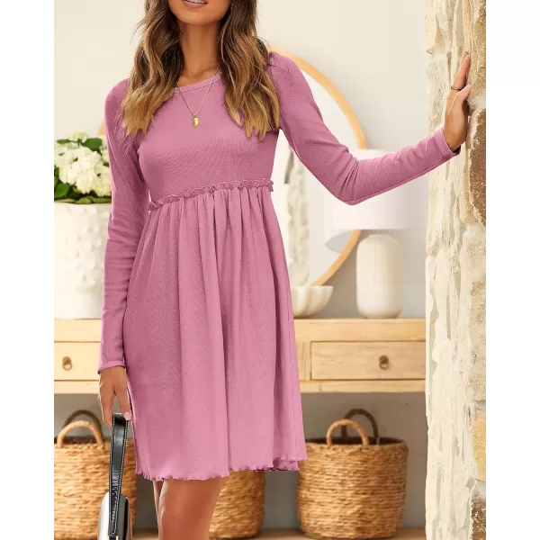 imageBTFBM Women 2023 Casual Button Down Summer Fall Dresses Long Sleeve Crew Neck Solid High Waist Short Tunic Mini DressLong Sleeve Pink