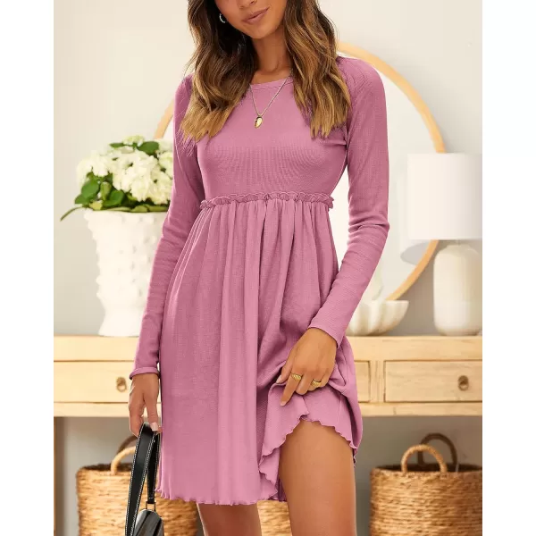 imageBTFBM Women 2023 Casual Button Down Summer Fall Dresses Long Sleeve Crew Neck Solid High Waist Short Tunic Mini DressLong Sleeve Pink
