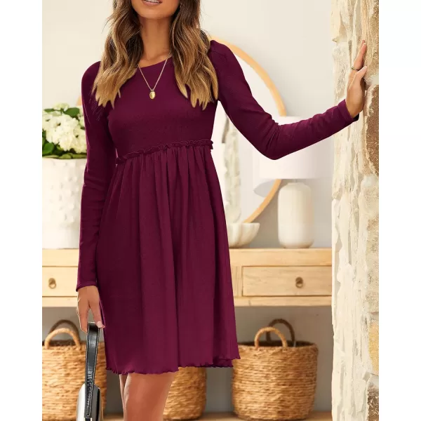 imageBTFBM Women 2023 Casual Button Down Summer Fall Dresses Long Sleeve Crew Neck Solid High Waist Short Tunic Mini DressLong Sleeve Purple Red