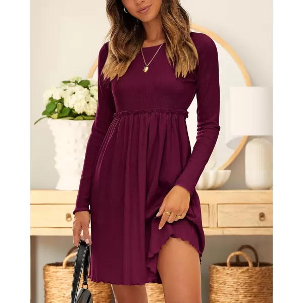 imageBTFBM Women 2023 Casual Button Down Summer Fall Dresses Long Sleeve Crew Neck Solid High Waist Short Tunic Mini DressLong Sleeve Purple Red