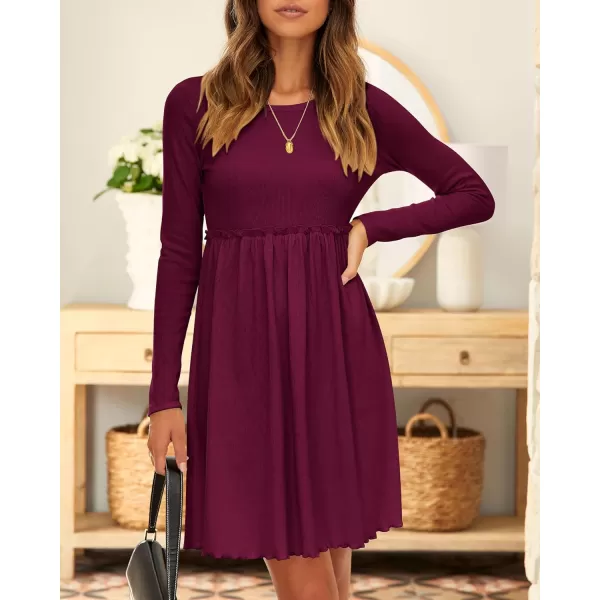 imageBTFBM Women 2023 Casual Button Down Summer Fall Dresses Long Sleeve Crew Neck Solid High Waist Short Tunic Mini DressLong Sleeve Purple Red