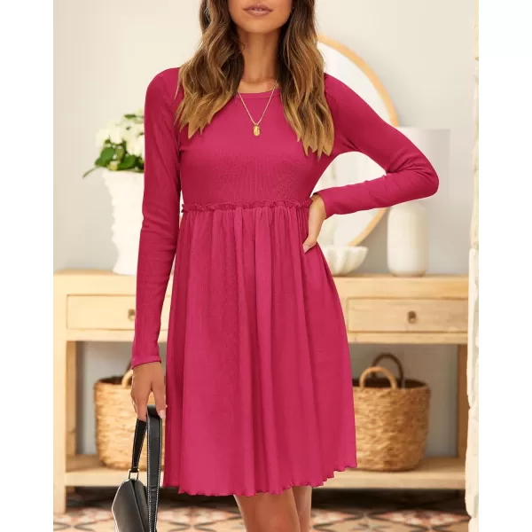 imageBTFBM Women 2023 Casual Button Down Summer Fall Dresses Long Sleeve Crew Neck Solid High Waist Short Tunic Mini DressLong Sleeve Rose Red