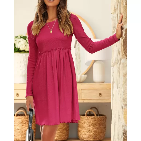 imageBTFBM Women 2023 Casual Button Down Summer Fall Dresses Long Sleeve Crew Neck Solid High Waist Short Tunic Mini DressLong Sleeve Rose Red