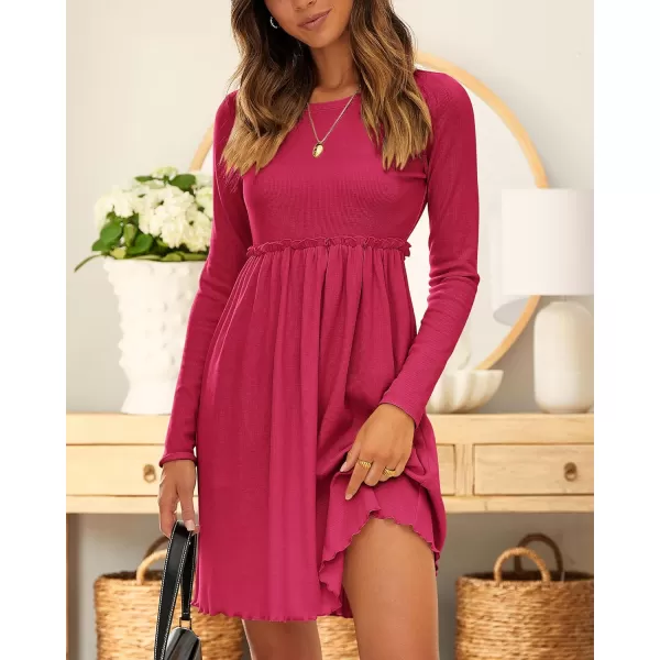imageBTFBM Women 2023 Casual Button Down Summer Fall Dresses Long Sleeve Crew Neck Solid High Waist Short Tunic Mini DressLong Sleeve Rose Red