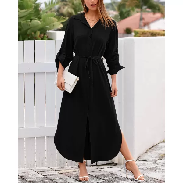 imageBTFBM Women 2023 Casual Long Sleeve Maxi Dress Fall Spring Button Down Shirt Dresses Tie Waist Side Slit Long Linen DressSolid Black