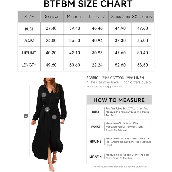 imageBTFBM Women 2023 Casual Long Sleeve Maxi Dress Fall Spring Button Down Shirt Dresses Tie Waist Side Slit Long Linen DressSolid Black