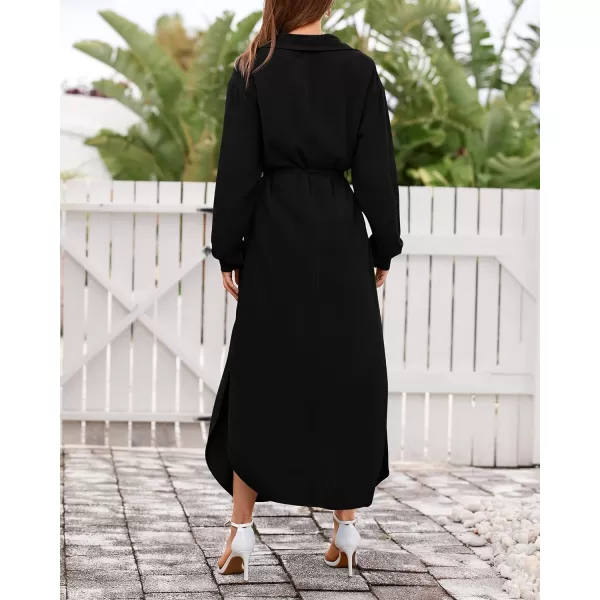 imageBTFBM Women 2023 Casual Long Sleeve Maxi Dress Fall Spring Button Down Shirt Dresses Tie Waist Side Slit Long Linen DressSolid Black