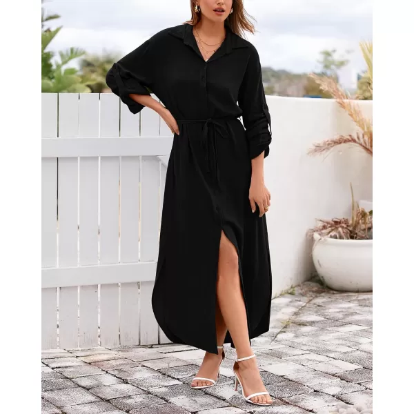 imageBTFBM Women 2023 Casual Long Sleeve Maxi Dress Fall Spring Button Down Shirt Dresses Tie Waist Side Slit Long Linen DressSolid Black
