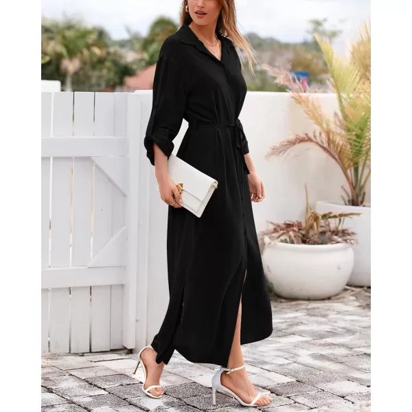 imageBTFBM Women 2023 Casual Long Sleeve Maxi Dress Fall Spring Button Down Shirt Dresses Tie Waist Side Slit Long Linen DressSolid Black