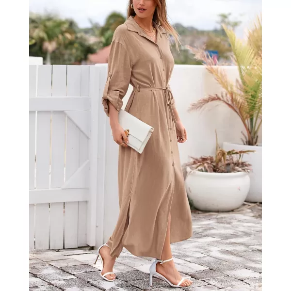 imageBTFBM Women 2023 Casual Long Sleeve Maxi Dress Fall Spring Button Down Shirt Dresses Tie Waist Side Slit Long Linen DressSolid Camel