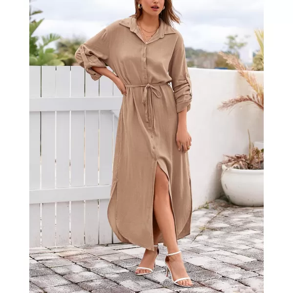 imageBTFBM Women 2023 Casual Long Sleeve Maxi Dress Fall Spring Button Down Shirt Dresses Tie Waist Side Slit Long Linen DressSolid Camel