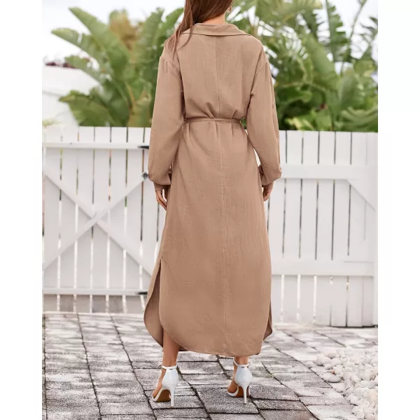 imageBTFBM Women 2023 Casual Long Sleeve Maxi Dress Fall Spring Button Down Shirt Dresses Tie Waist Side Slit Long Linen DressSolid Camel