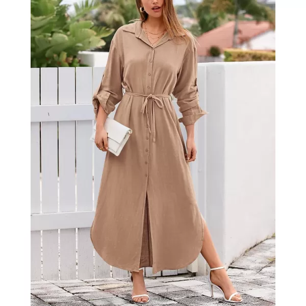 imageBTFBM Women 2023 Casual Long Sleeve Maxi Dress Fall Spring Button Down Shirt Dresses Tie Waist Side Slit Long Linen DressSolid Camel