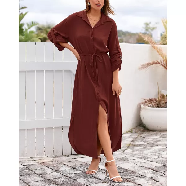 imageBTFBM Women 2023 Casual Long Sleeve Maxi Dress Fall Spring Button Down Shirt Dresses Tie Waist Side Slit Long Linen DressSolid Dark Brown