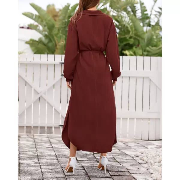 imageBTFBM Women 2023 Casual Long Sleeve Maxi Dress Fall Spring Button Down Shirt Dresses Tie Waist Side Slit Long Linen DressSolid Dark Brown