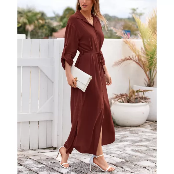 imageBTFBM Women 2023 Casual Long Sleeve Maxi Dress Fall Spring Button Down Shirt Dresses Tie Waist Side Slit Long Linen DressSolid Dark Brown