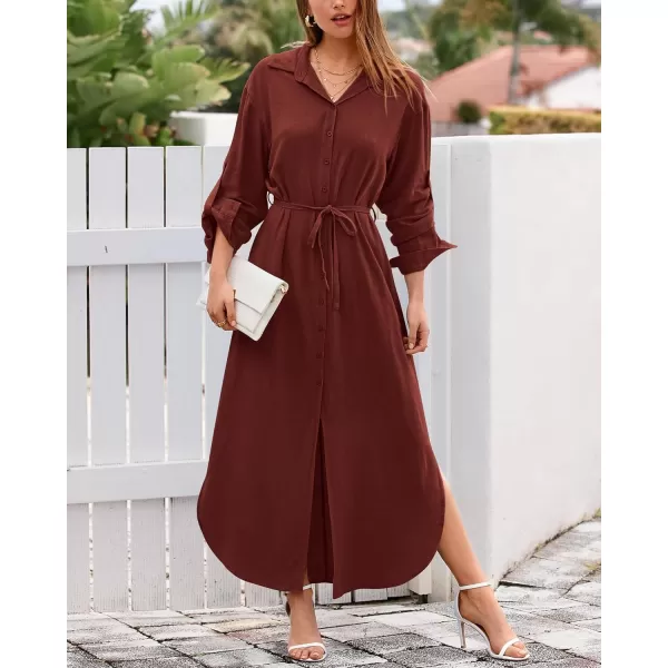 imageBTFBM Women 2023 Casual Long Sleeve Maxi Dress Fall Spring Button Down Shirt Dresses Tie Waist Side Slit Long Linen DressSolid Dark Brown