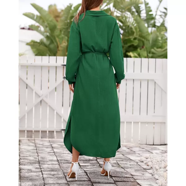 imageBTFBM Women 2023 Casual Long Sleeve Maxi Dress Fall Spring Button Down Shirt Dresses Tie Waist Side Slit Long Linen DressSolid Green