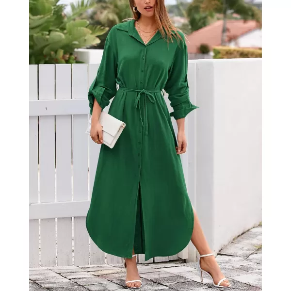 imageBTFBM Women 2023 Casual Long Sleeve Maxi Dress Fall Spring Button Down Shirt Dresses Tie Waist Side Slit Long Linen DressSolid Green